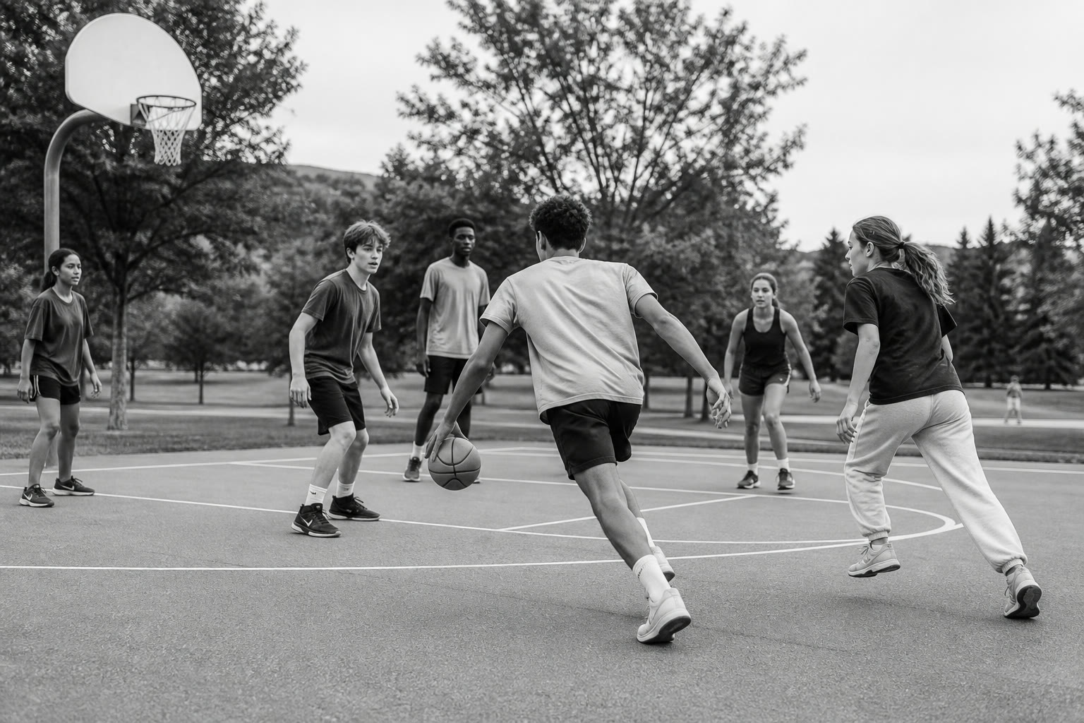 Teenagers playing a casual game of basketball outdoors.