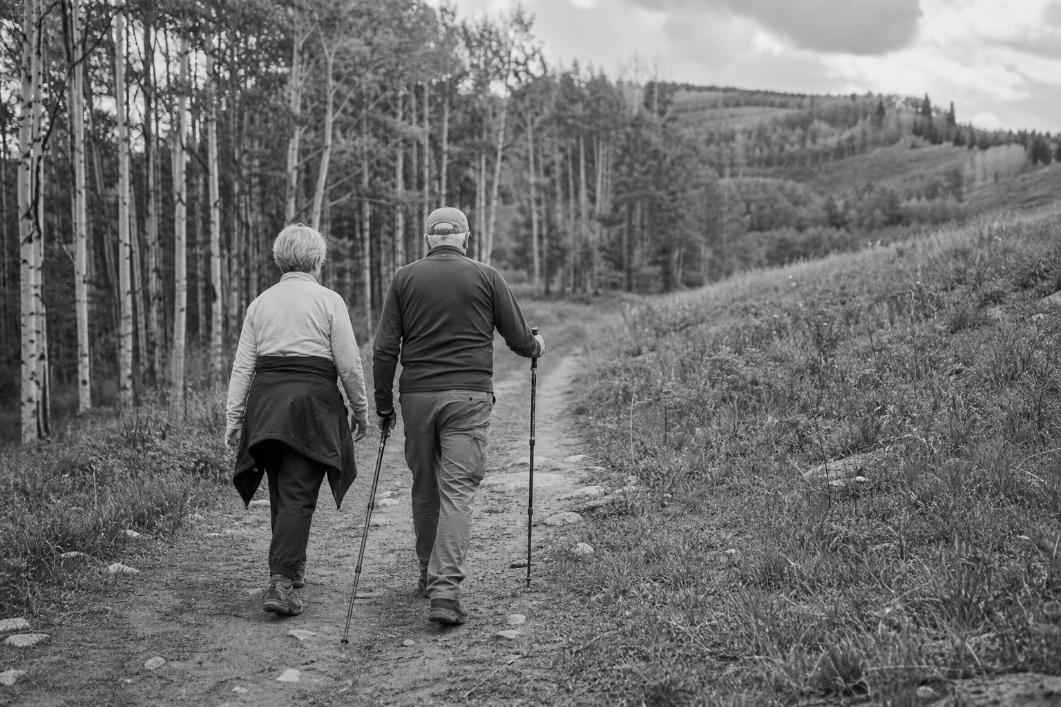 Two older adults hiking together on a wooded trail.