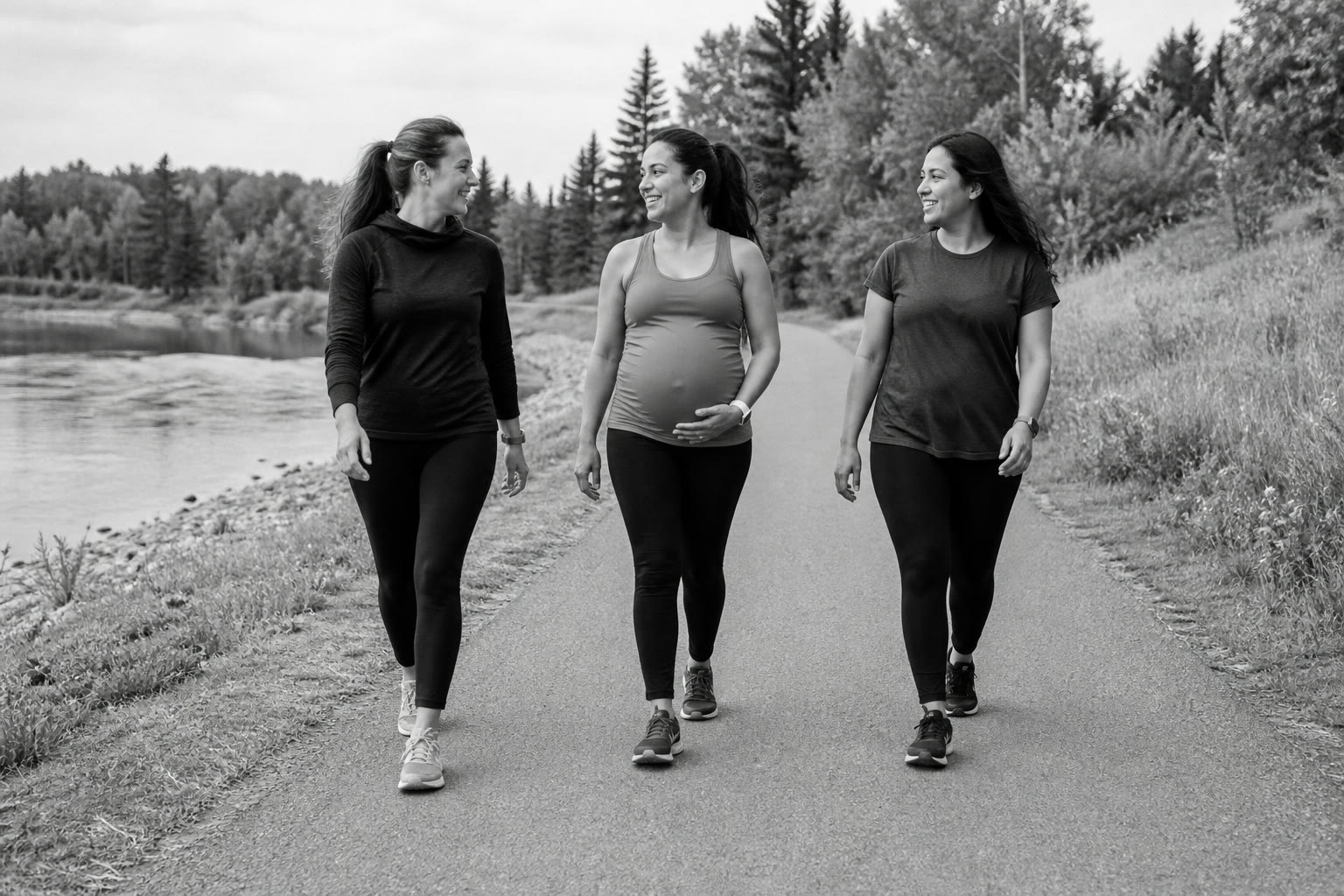 A pregnant woman walking beside two friends on a riverside trail.