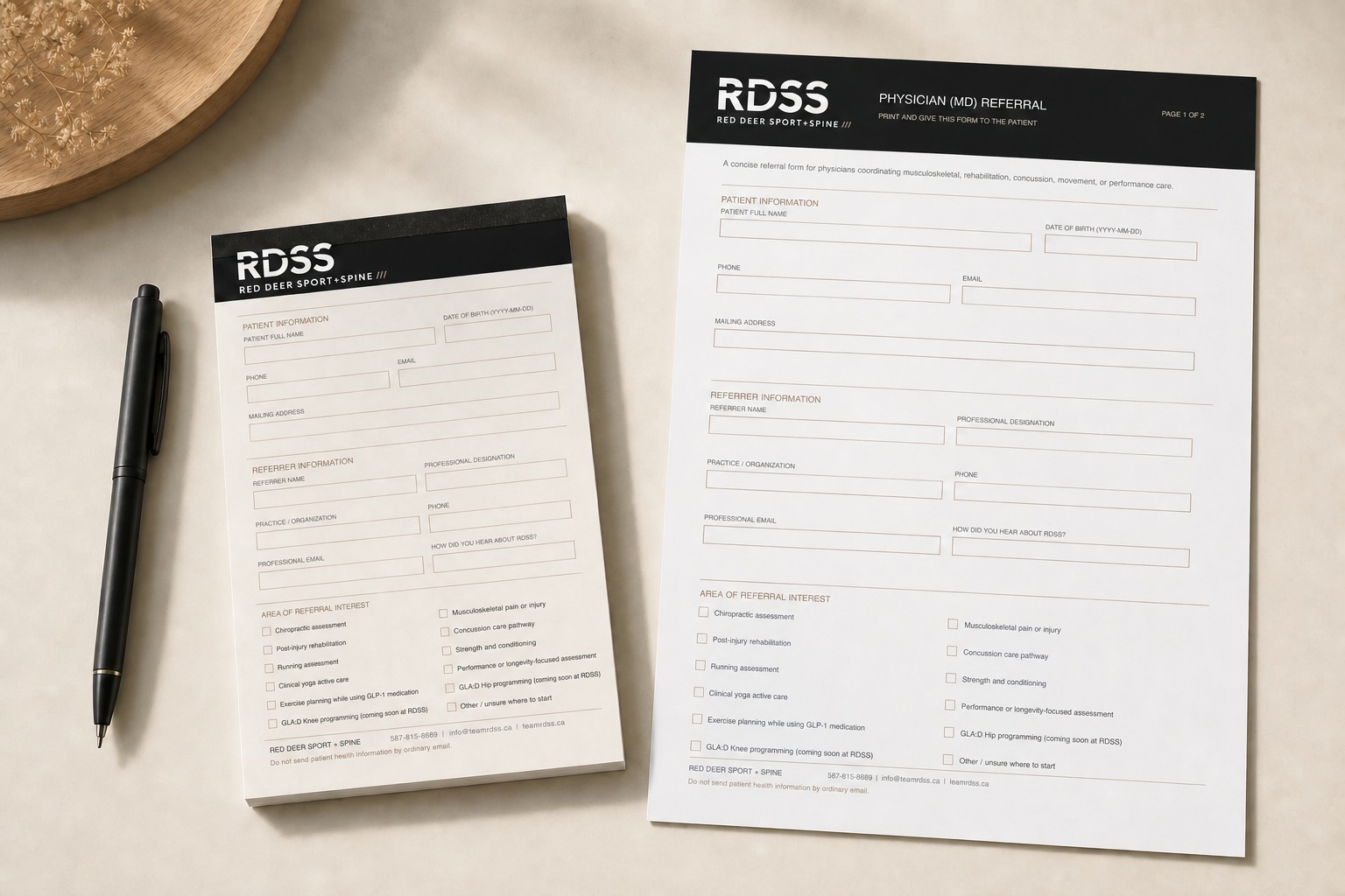 Mockup of an RDSS referral notepad beside a printable referral form.